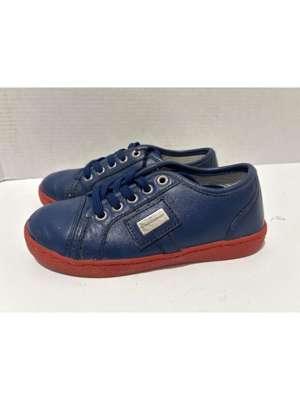 Dolce & Gabbana Kids Blue Leather Sneakers With Red Soles size 9